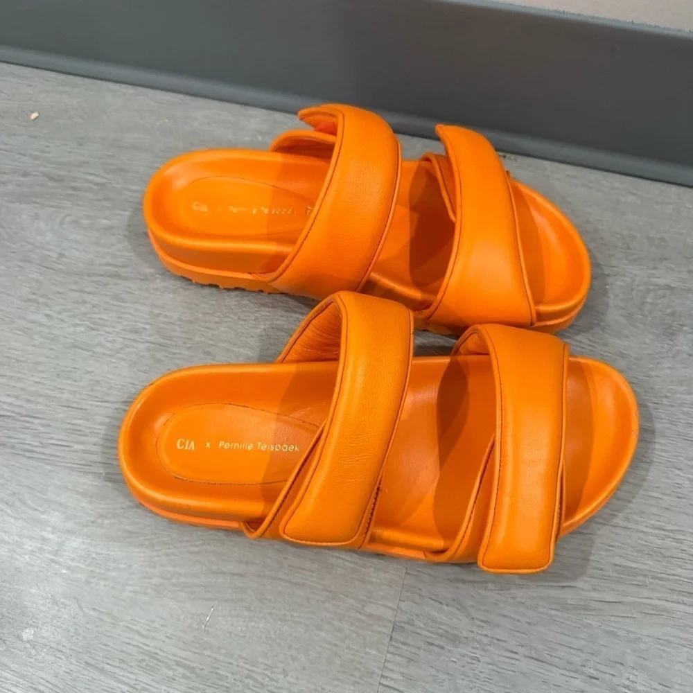 Gia Borghini x Pernille Teisbaek Sandals Leather Slides in Orange Leather